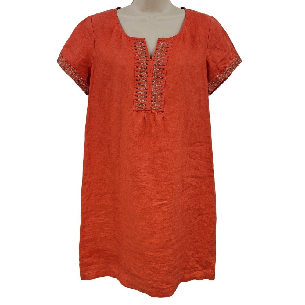 J Jill Dress Women 10 Orange Linen Embroidered‎ Tunic Short Sleeve Boho Shift